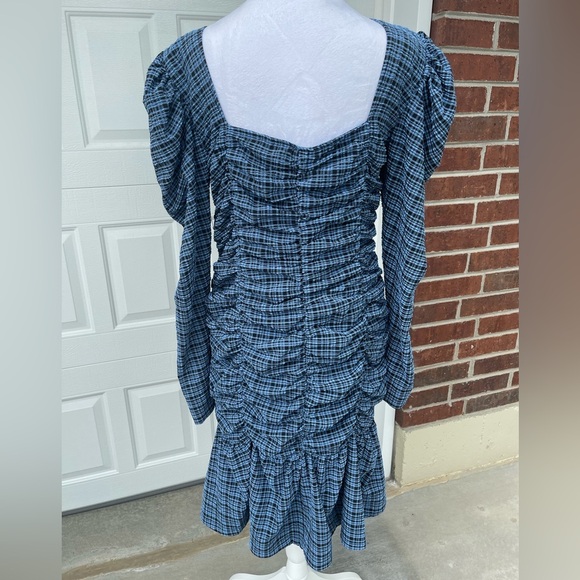 GANNI Ruched checked stretch-seersucker mini dress, Size 42 - Picture 3 of 16